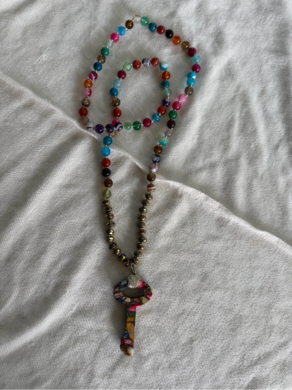 Multicolor Agate Style Beaded Necklace Mosaic Stone Key Pendant Long Statement